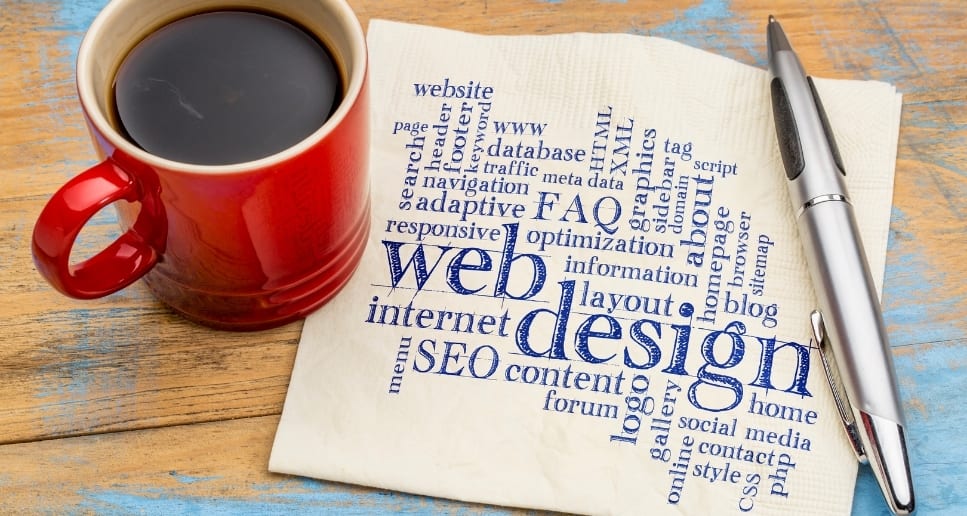 Coffee cup on a napkin showing blue web design words. It emphasizes how my design process works and the technologies used.