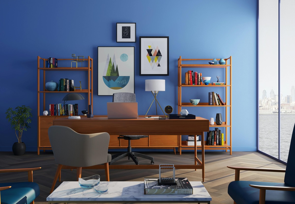 Modern office with desk in blue